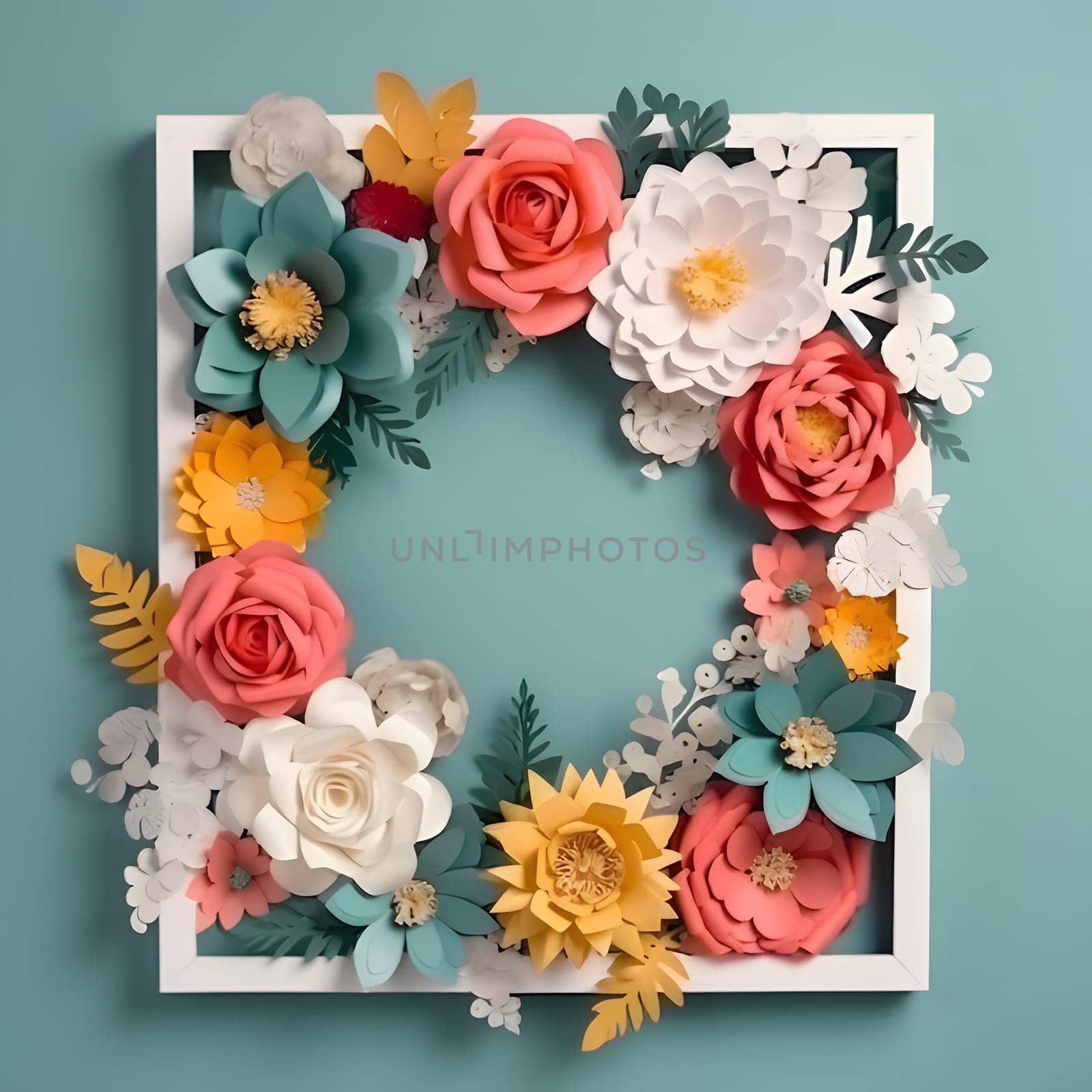 A frame embellished with flowers and leaves against a light background forms an elegant and visually appealing composition.