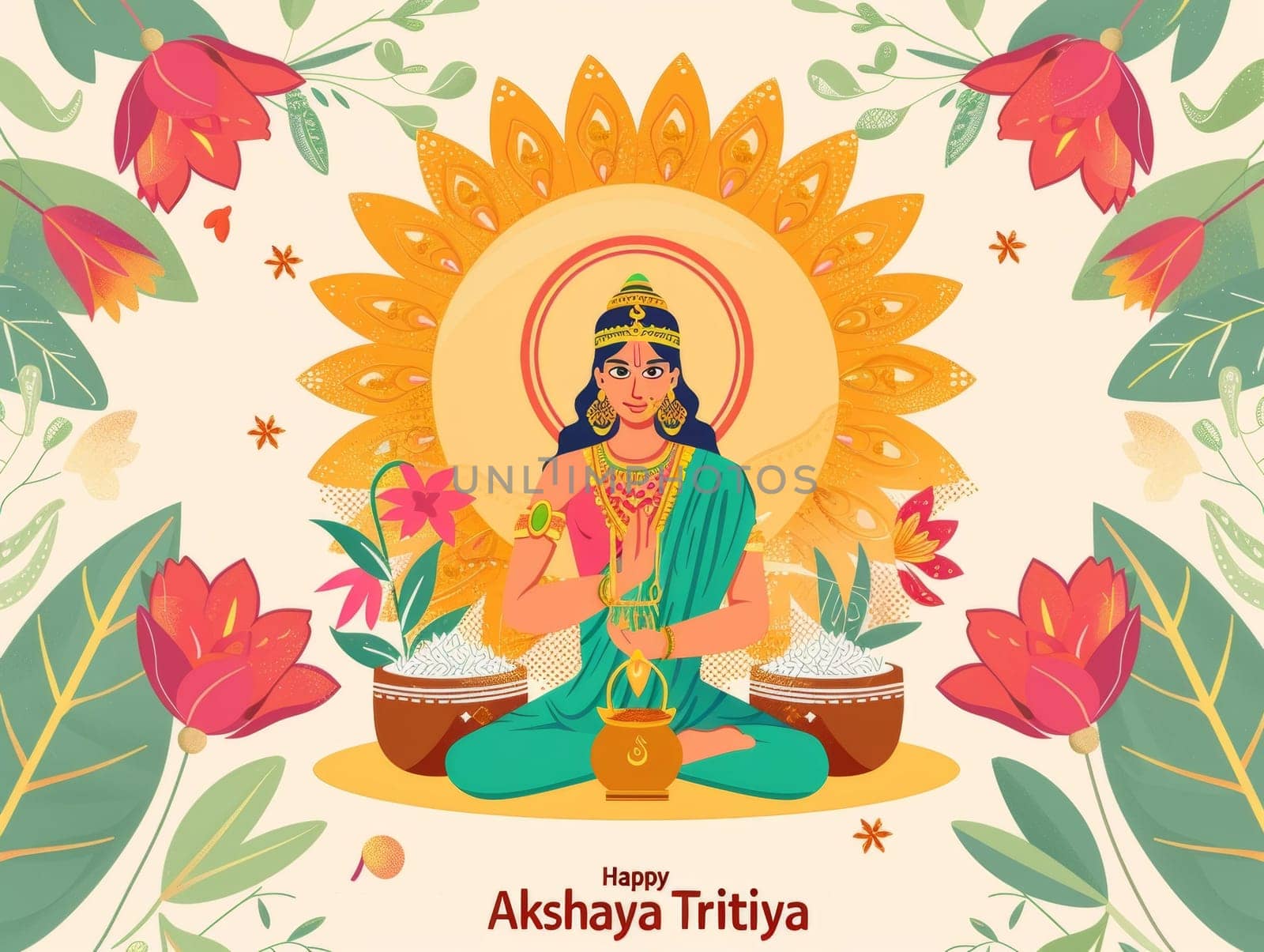 An illustration for Akshaya Tritiya featuring Goddess Lakshmi seated with gold coins and rice, symbolizing prosperity and wealth amidst a floral backdrop