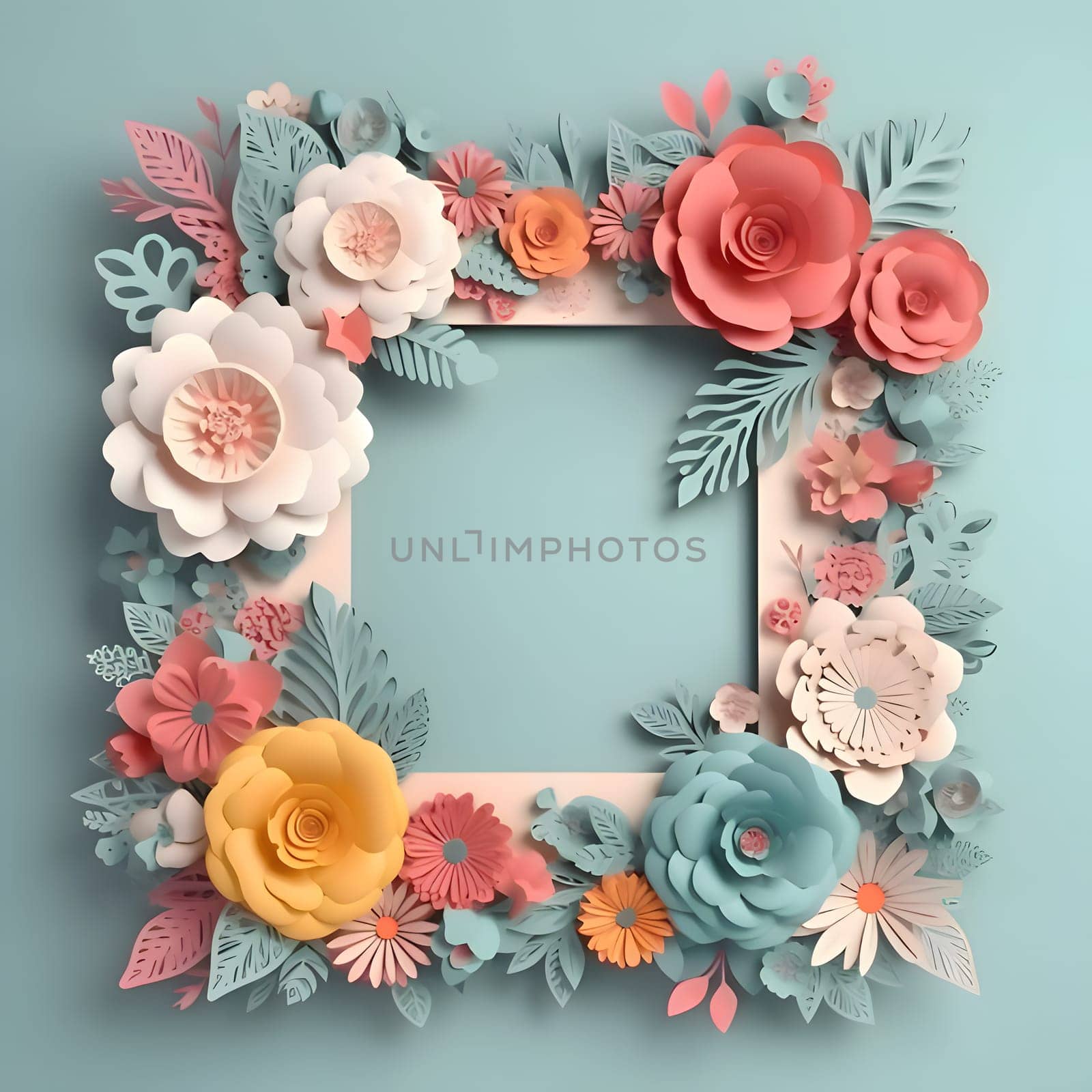 A frame embellished with flowers and leaves against a light background forms an elegant and visually appealing composition.