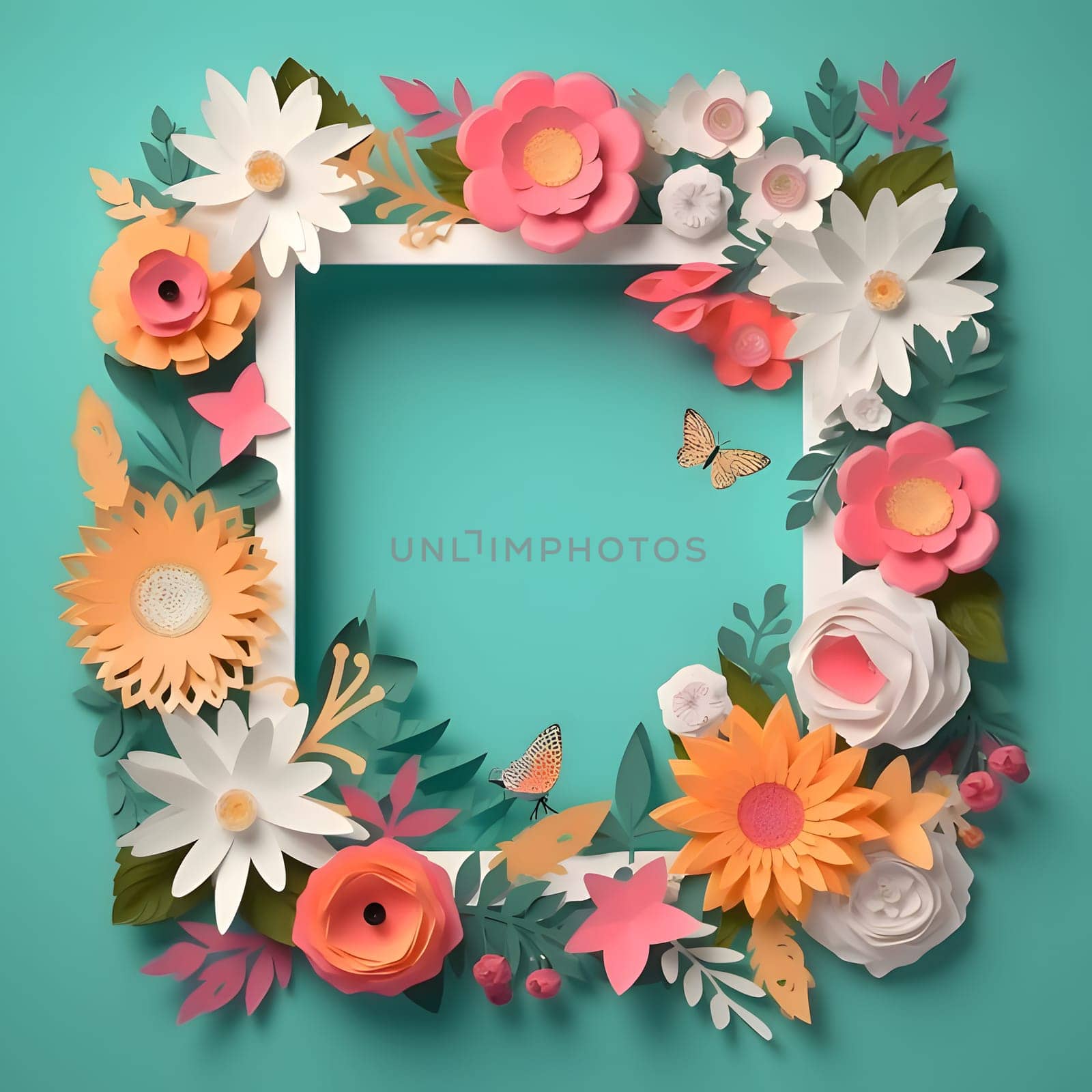 A frame embellished with flowers and leaves against a light background forms an elegant and visually appealing composition.