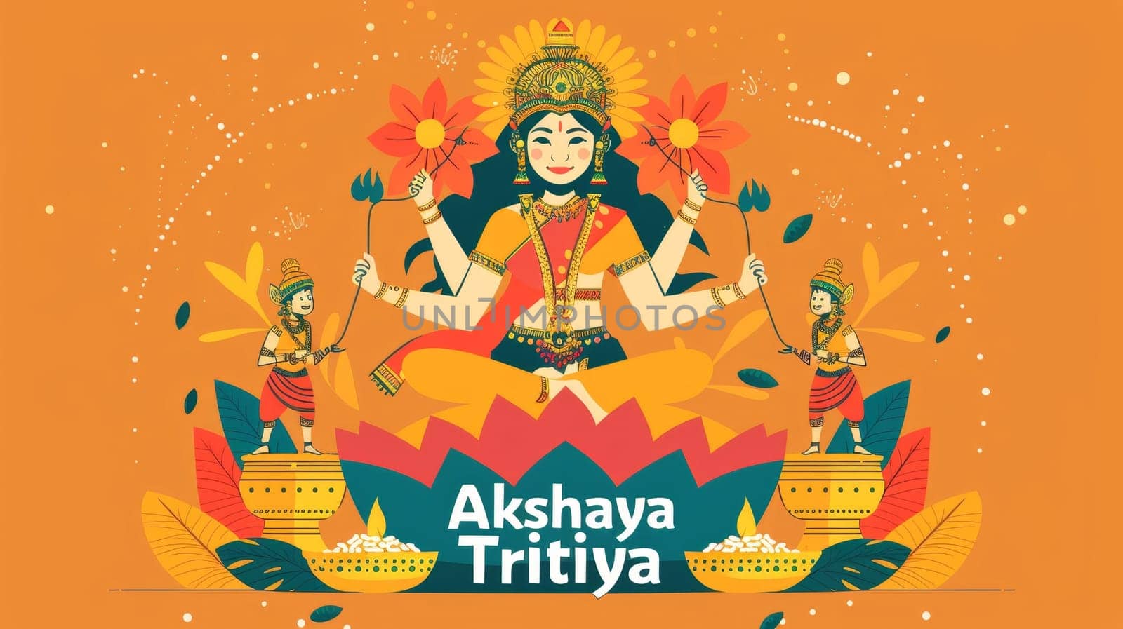 Vibrant greeting design depicting Goddess Lakshmi for Akshaya Tritiya with golden bowls of rice and gold, invoking blessings of endless prosperity. by sfinks