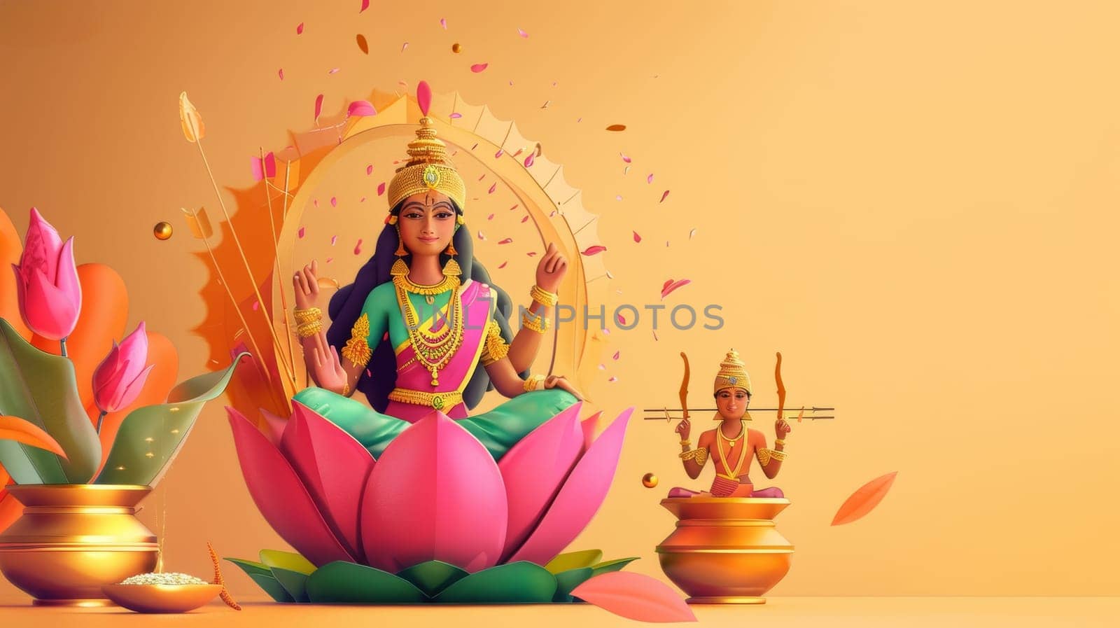 A festive illustration for Akshaya Tritiya showing Goddess Lakshmi on a lotus with gold accents, epitomizing wealth and well-being. Banner with copy space.