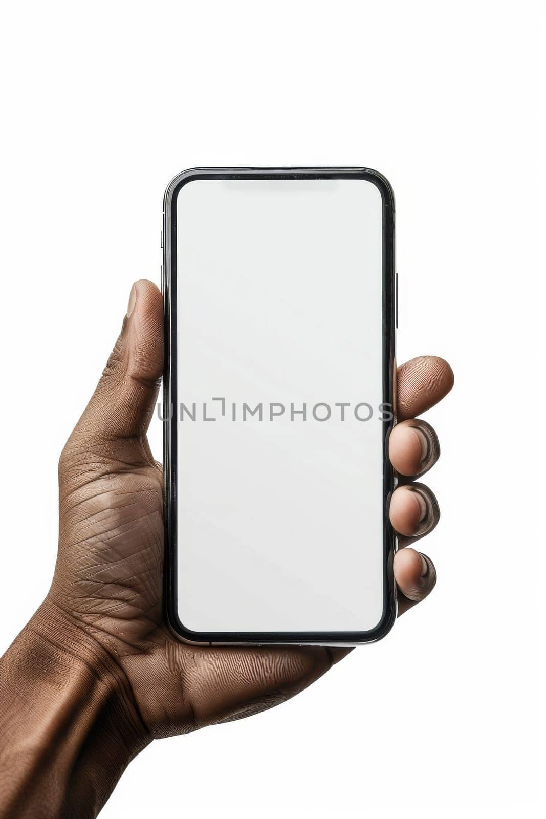 A person is holding a phone with a white screen. The phone is a new model and he is a high-end device