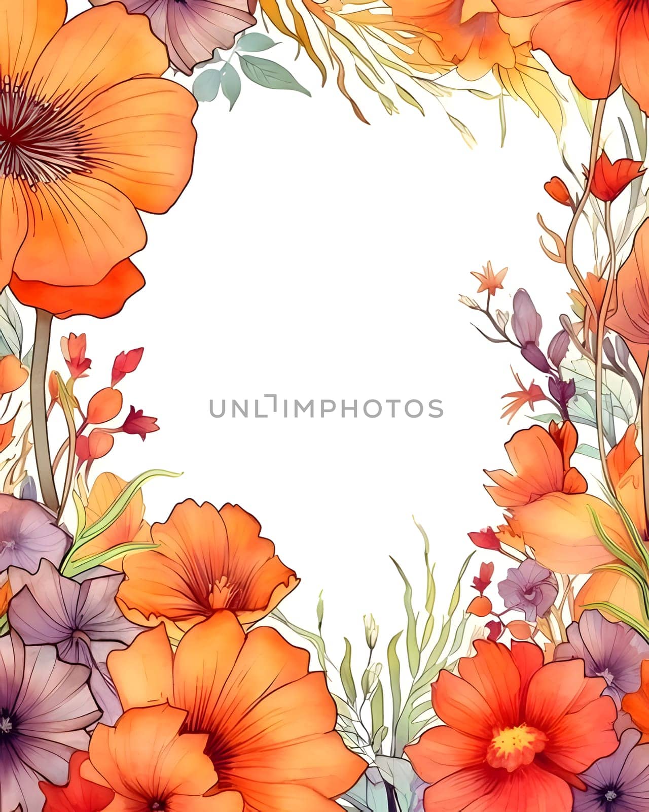 Frame with colorful flowers and leaves on a white background. by ThemesS