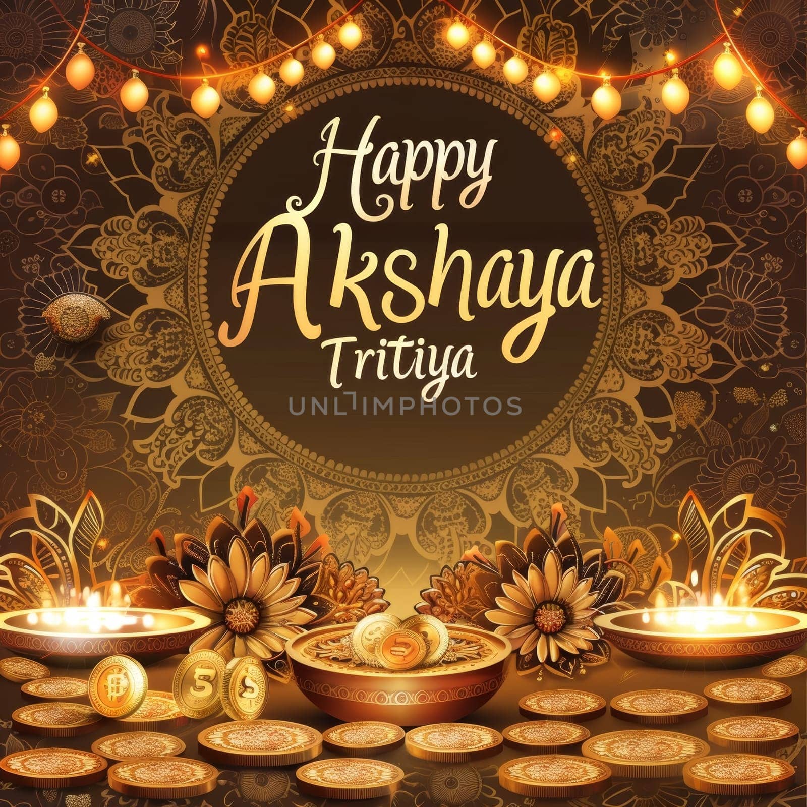 A richly decorated Akshaya Tritiya greeting featuring traditional Indian diyas, florals, and gold coins symbolizing prosperity and luck. by sfinks
