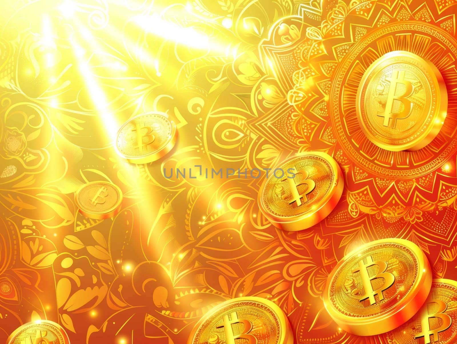 A dazzling illustration capturing the intersection of digital currency and traditional ornamental art, symbolizing wealth and innovation. by sfinks