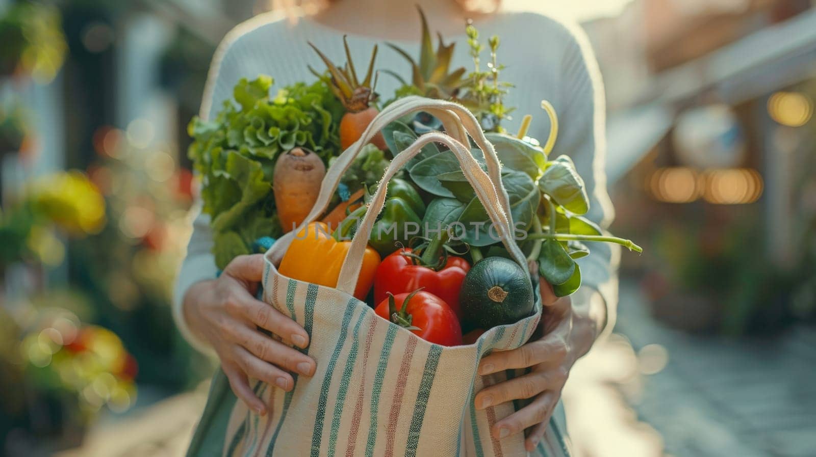 A close-up of hands holding a reusable shopping bag with fresh vegetables in it.