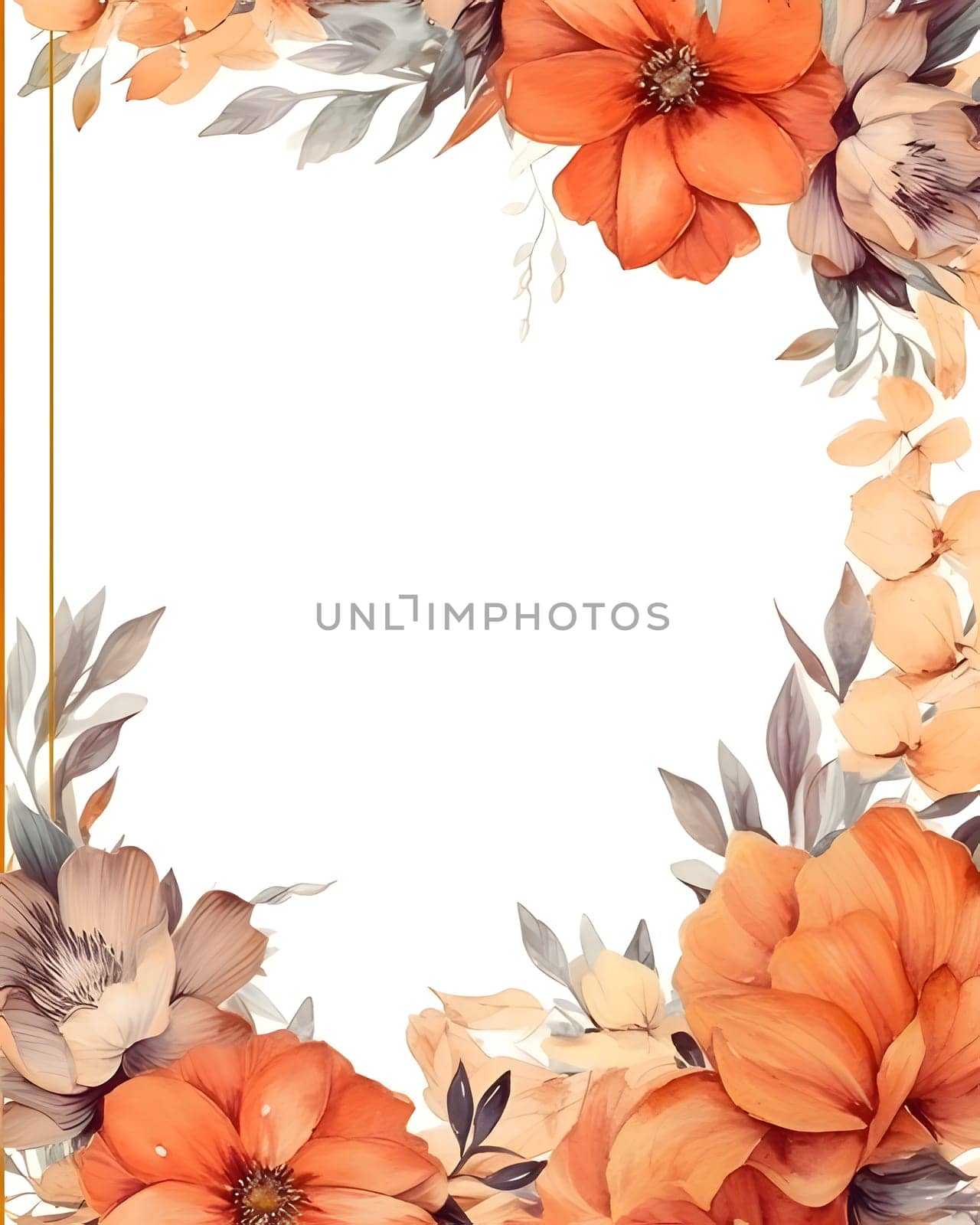 A frame embellished with flowers and leaves against a white background forms an elegant and visually appealing composition.