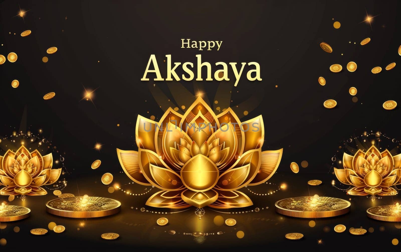 Celebratory image for Akshaya Tritiya showcasing a lotus and falling gold coins, symbolizing eternal wealth in Hindu culture