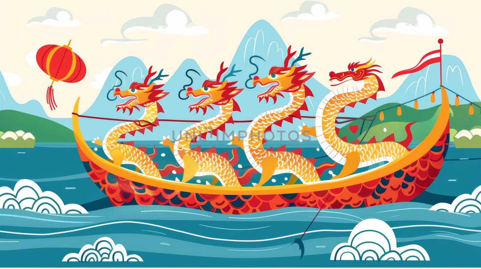 A vibrant, stylized illustration of a colorful dragon boat sailing on the sea against a beautiful sunset. Asian festival.