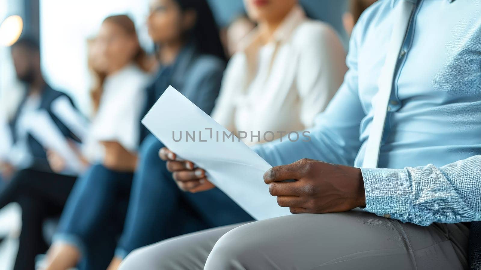 Close up of people in casual clothes sit on chairs in row waiting for job interview holding a white papers.