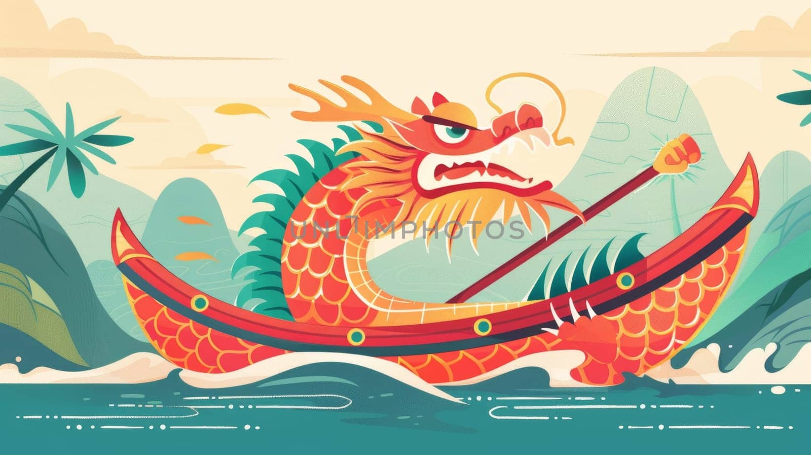 A vibrant, stylized illustration of a colorful dragon boat sailing on the sea against a beautiful sunset. Asian festival by sfinks
