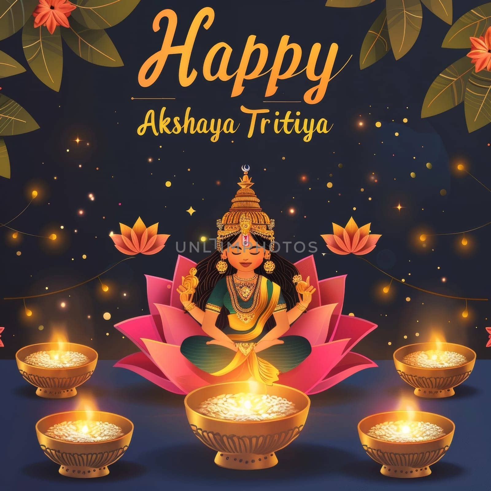 A festive Akshaya Tritiya greeting showcasing Goddess Lakshmi seated on a lotus with surrounding diyas against a starry sky. by sfinks