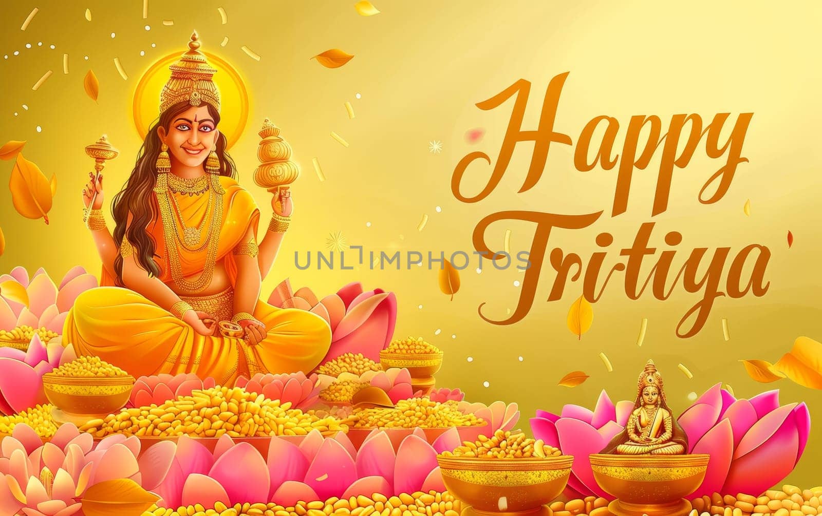 Bright and cheerful illustration for Akshaya Tritiya featuring Goddess Lakshmi with golden pots, surrounded by lotuses and grains