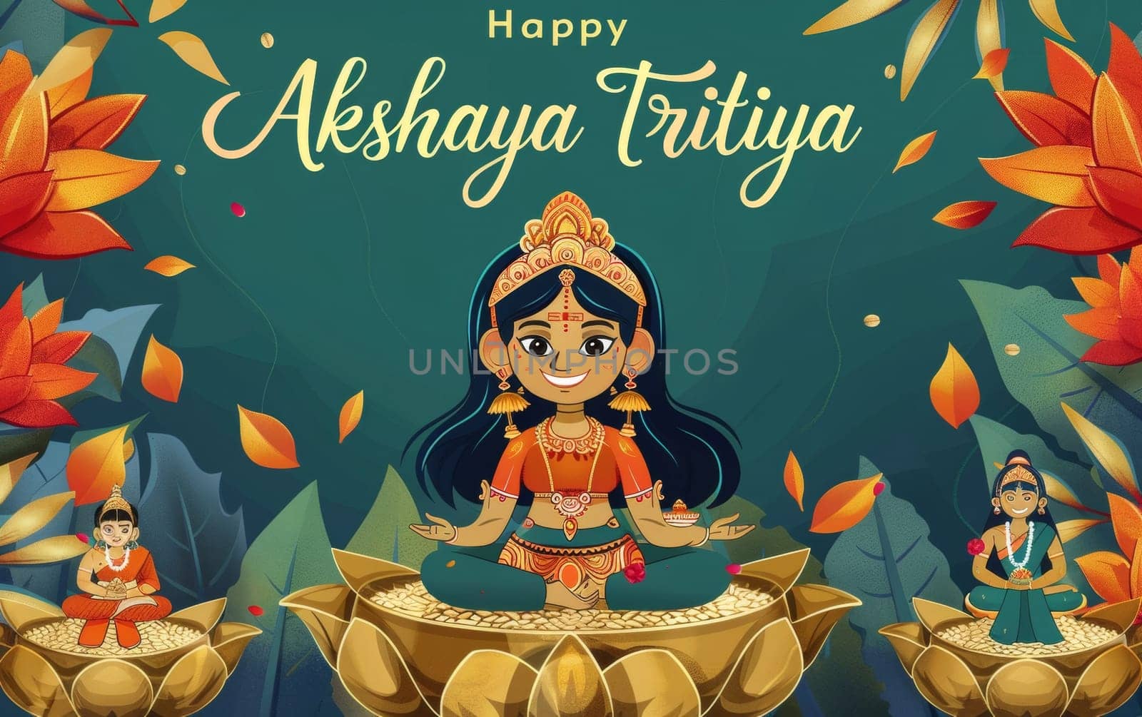 Charming Akshaya Tritiya greeting featuring Goddess Lakshmi seated on a golden throne surrounded by coins and festive motifs. by sfinks