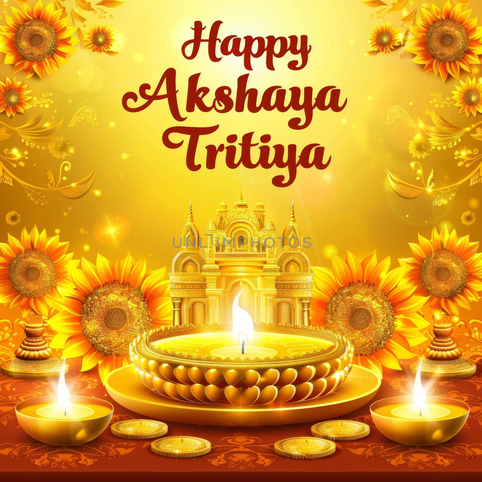Festive graphic for Akshaya Tritiya with a golden temple, oil lamps, sunflowers, and glitters on a yellow background