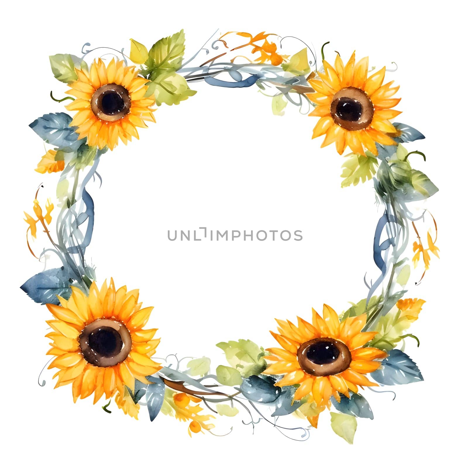 A circular frame adorned with cheerful sunflowers is positioned on a clean white background, creating a captivating and visually appealing arrangement.