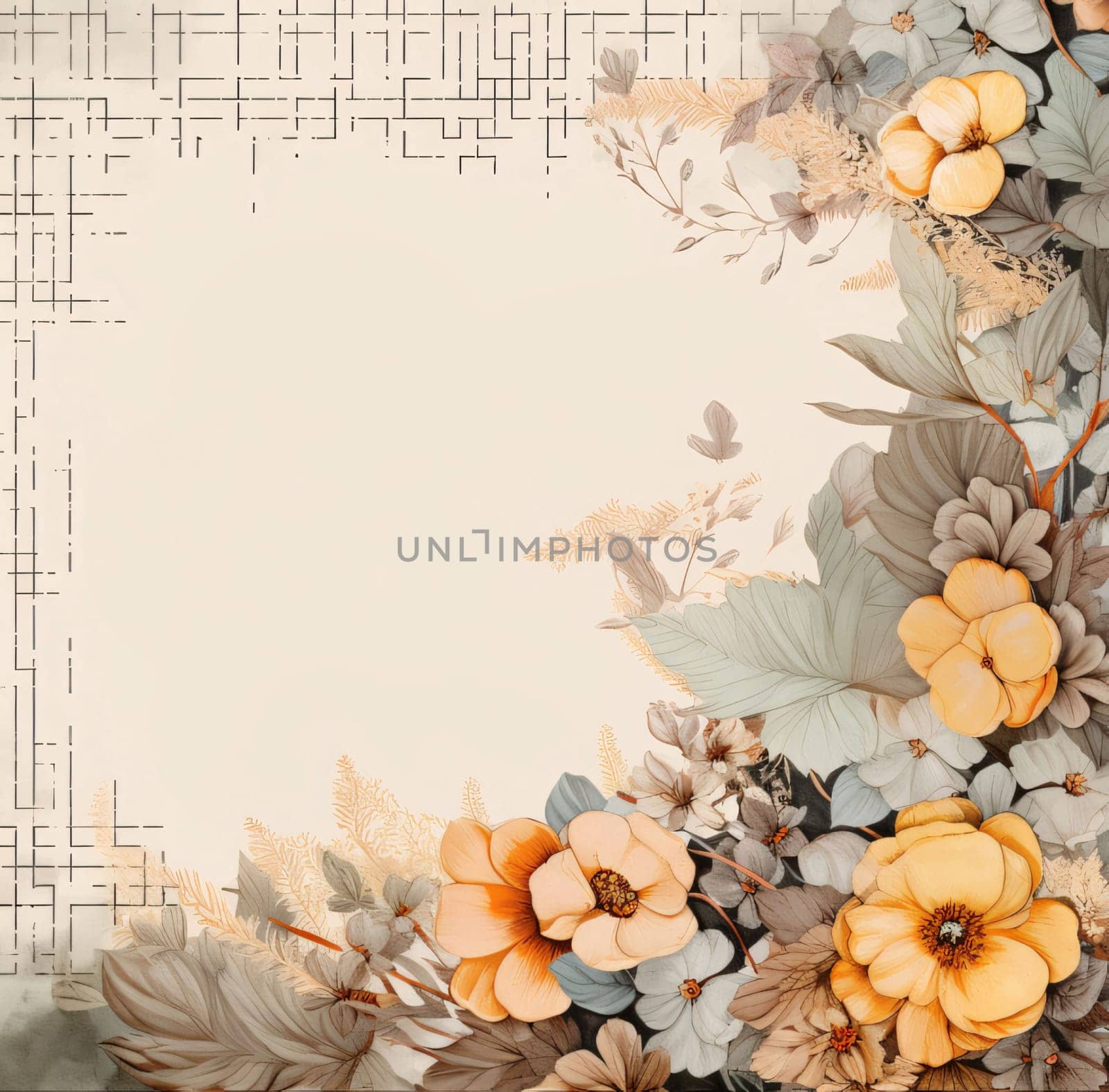 A white blank sheet of paper with space for your own content as an image. Decorations at the side with colorful flowers and leaves. Graphic with space for your own content.