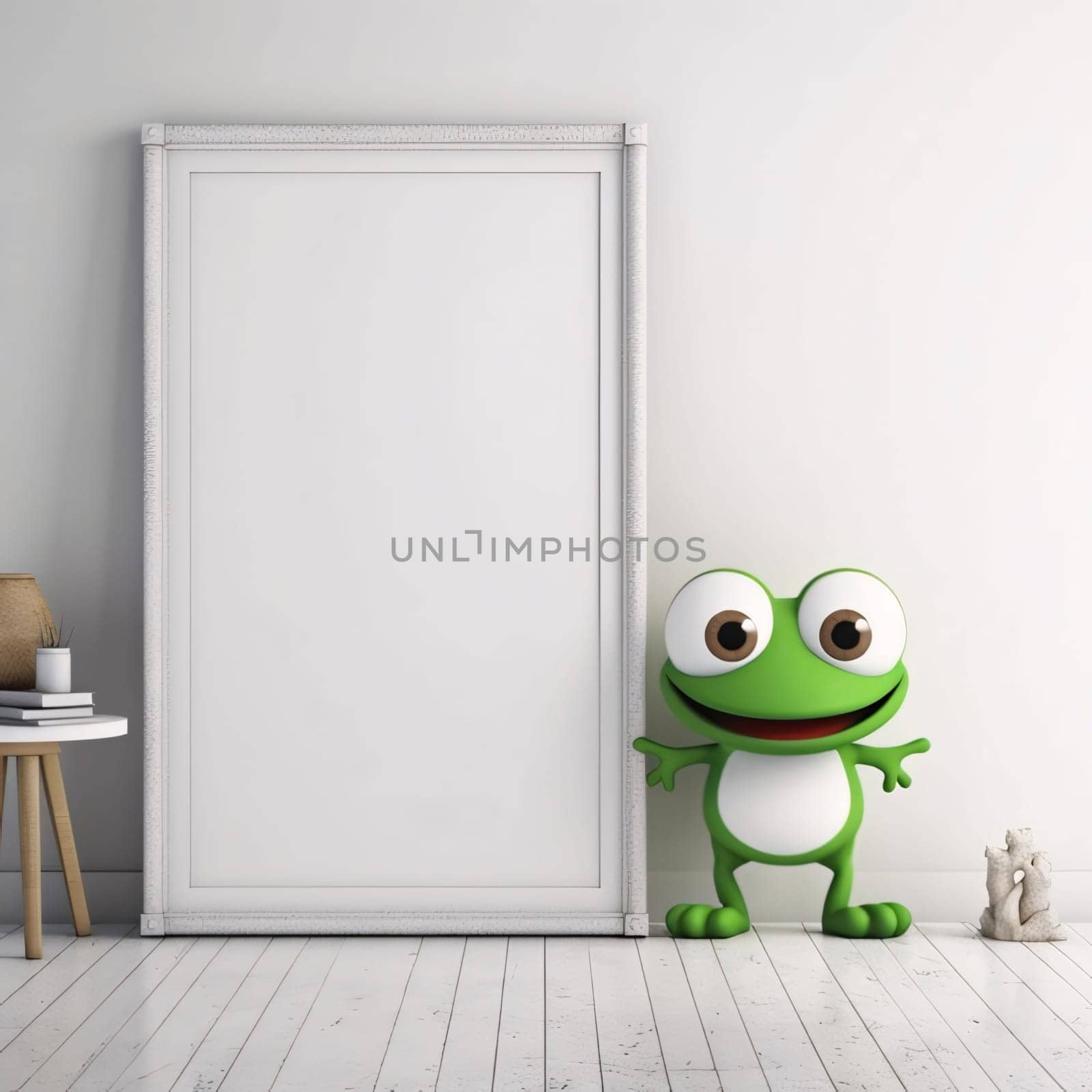 A white blank sheet of paper with space for your own content as an image. Next to a small Green Frog with big eyes. Graphic with space for your own content.