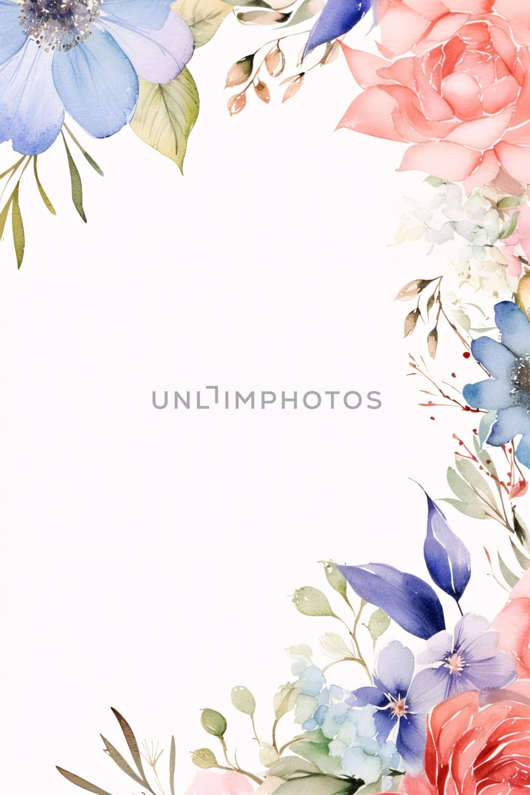 White blank card with space for your own content as an image. Around the decoration of painted colorful flowers and leaves. by ThemesS