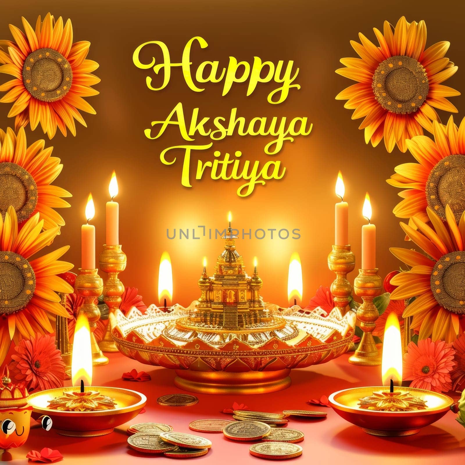 Greeting design for Akshaya Tritiya featuring candles, gold coins, and sunflowers on a gradient red background. by sfinks