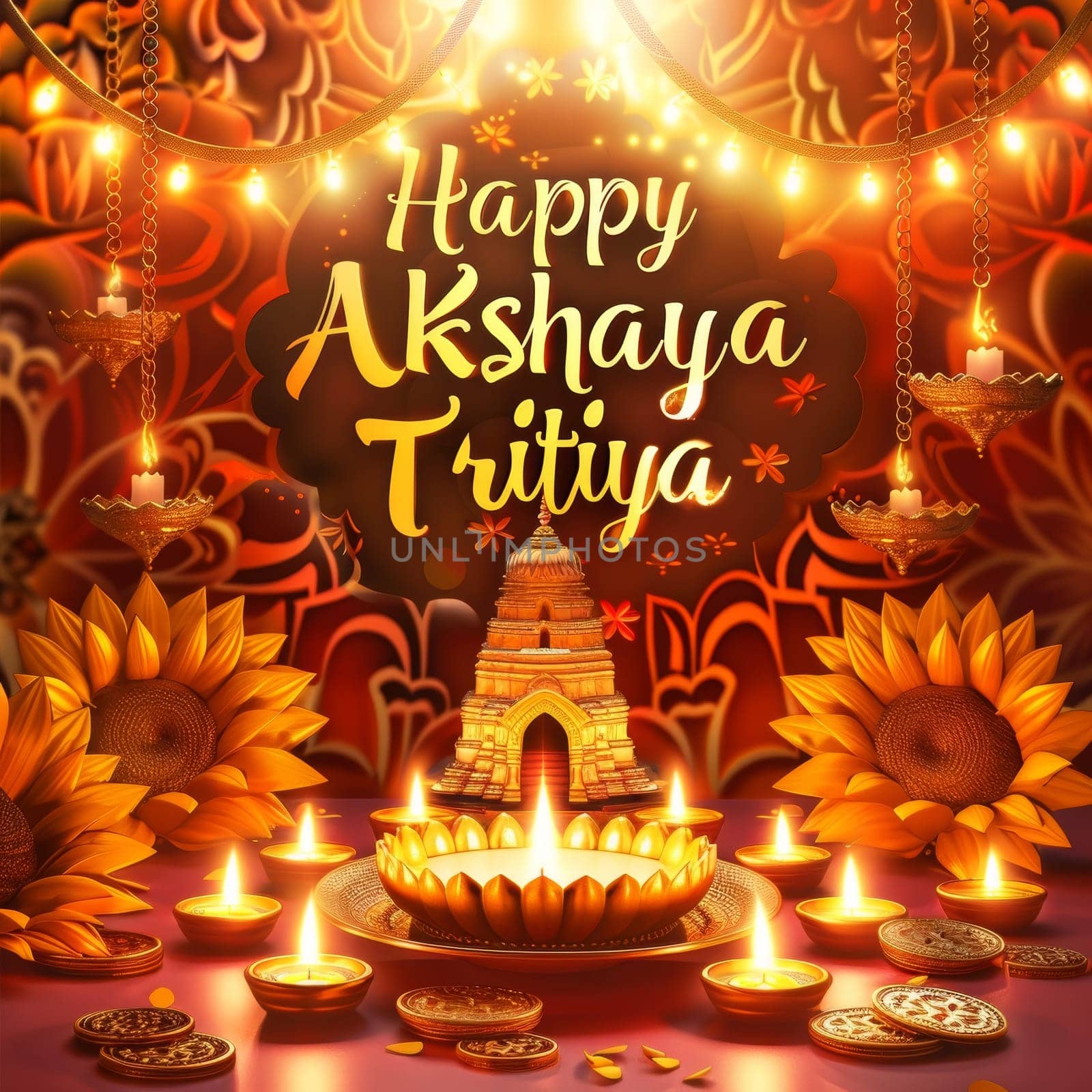 A celebratory illustration for Akshaya Tritiya, displaying a gold palace, lanterns, and sunflowers on a vibrant backdrop by sfinks