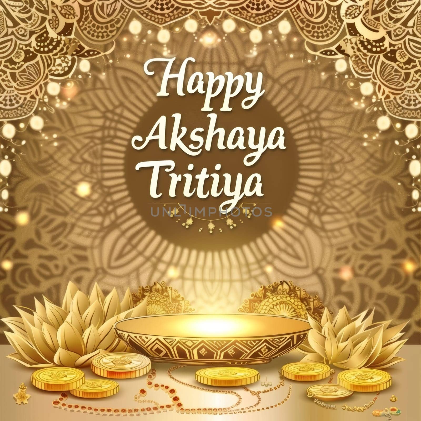 Greeting design for Akshaya Tritiya featuring candles, gold coins, and sunflowers on a gradient red background