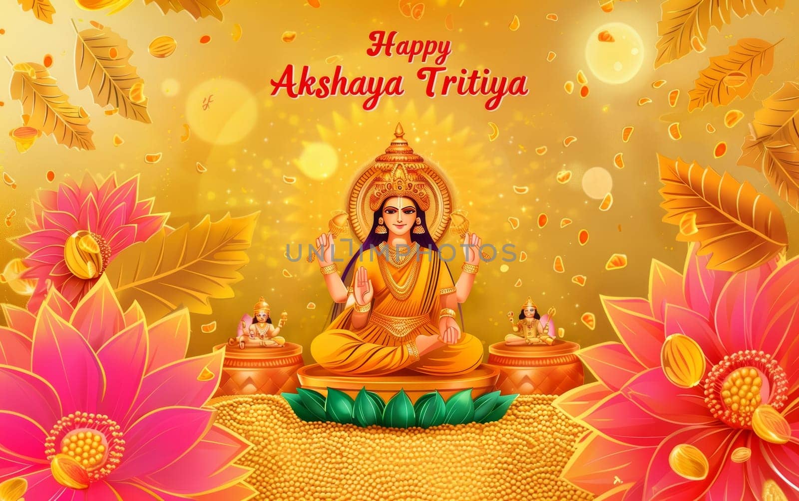 A warm Akshaya Tritiya greeting depicting Goddess Lakshmi with rice bowls and attendant deities on a glowing golden background