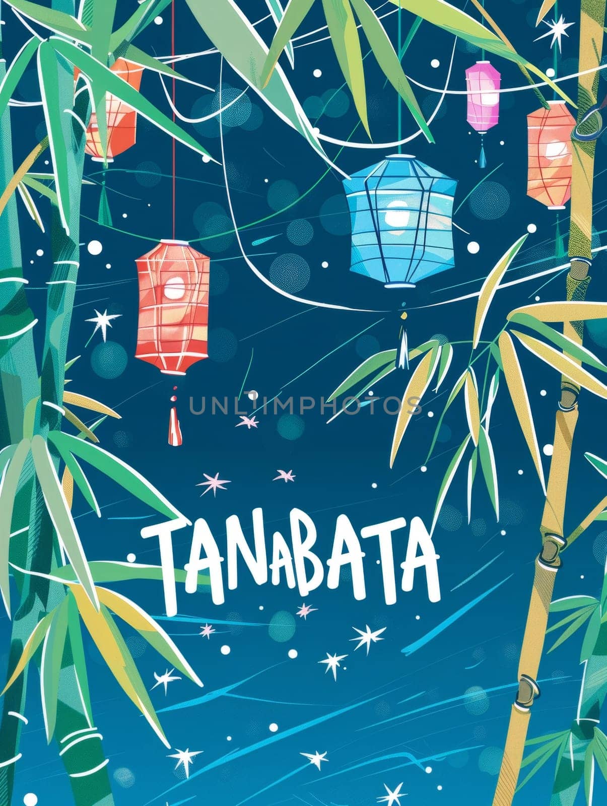 A vivid Tanabata night scene captured with colorful paper lanterns hanging amidst bamboo leaves, sparkling against a starry background in a festive display. by sfinks