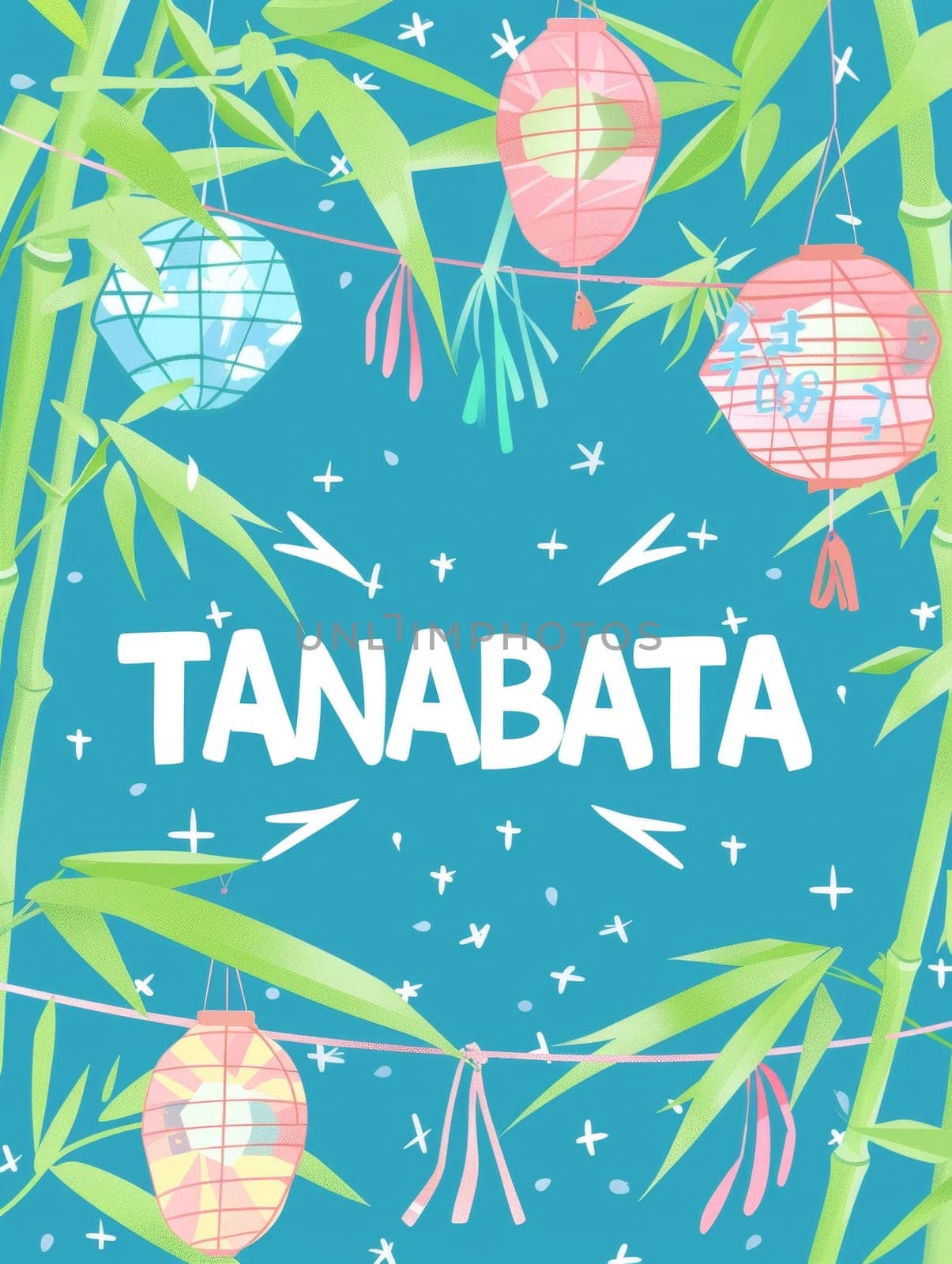 Enchanting bamboo lanterns float on a tranquil turquoise background, dotted with white stars for Tanabata, invoking the romance of the Japanese star festival