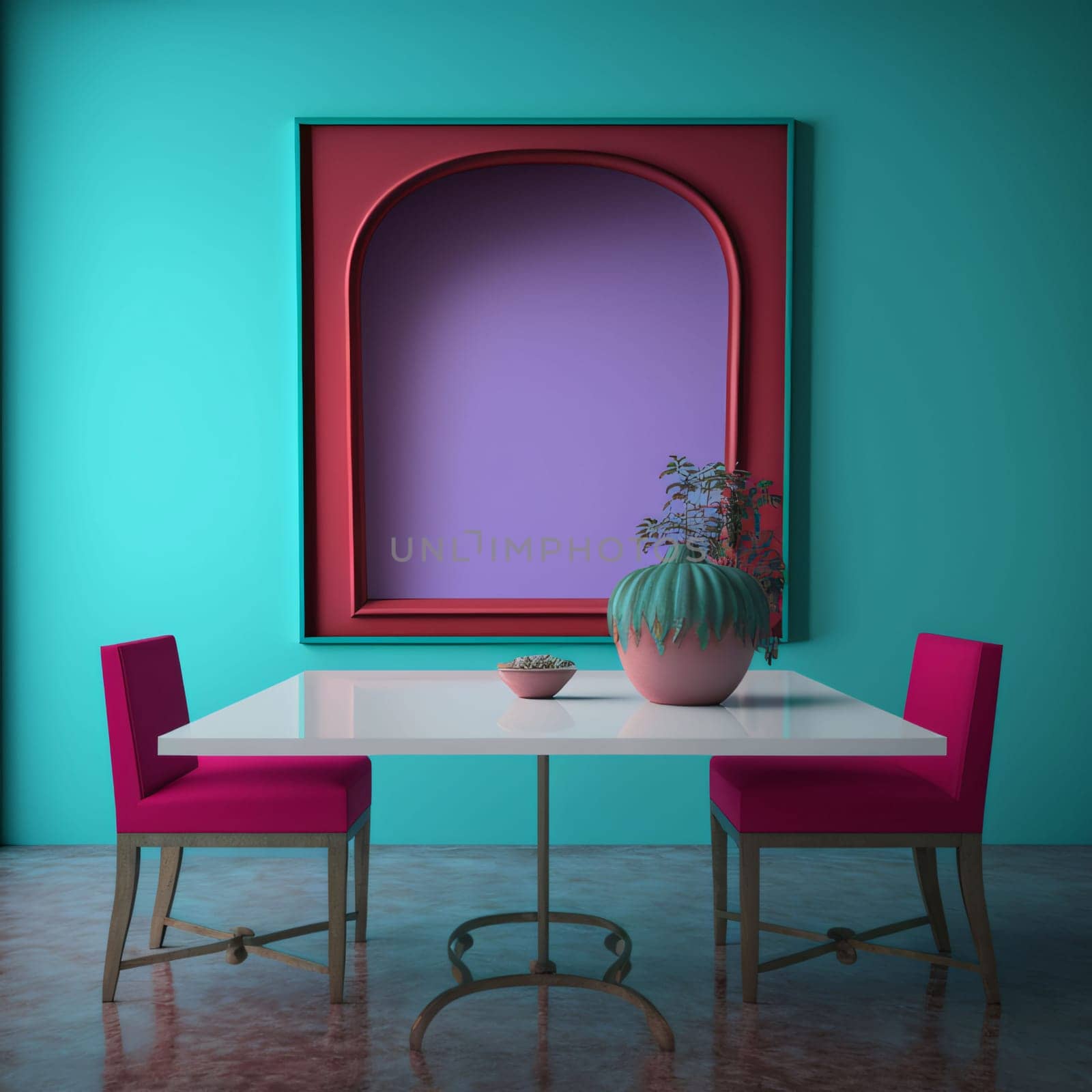 Two pink chairs at a table in the background, a pink frame and space for your own content. Graphic with space for your own content.