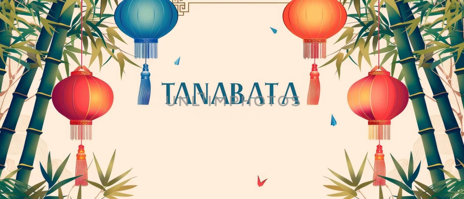 Vibrant red and blue lanterns hang amongst lush bamboo, celebrating the traditional Japanese Tanabata festival