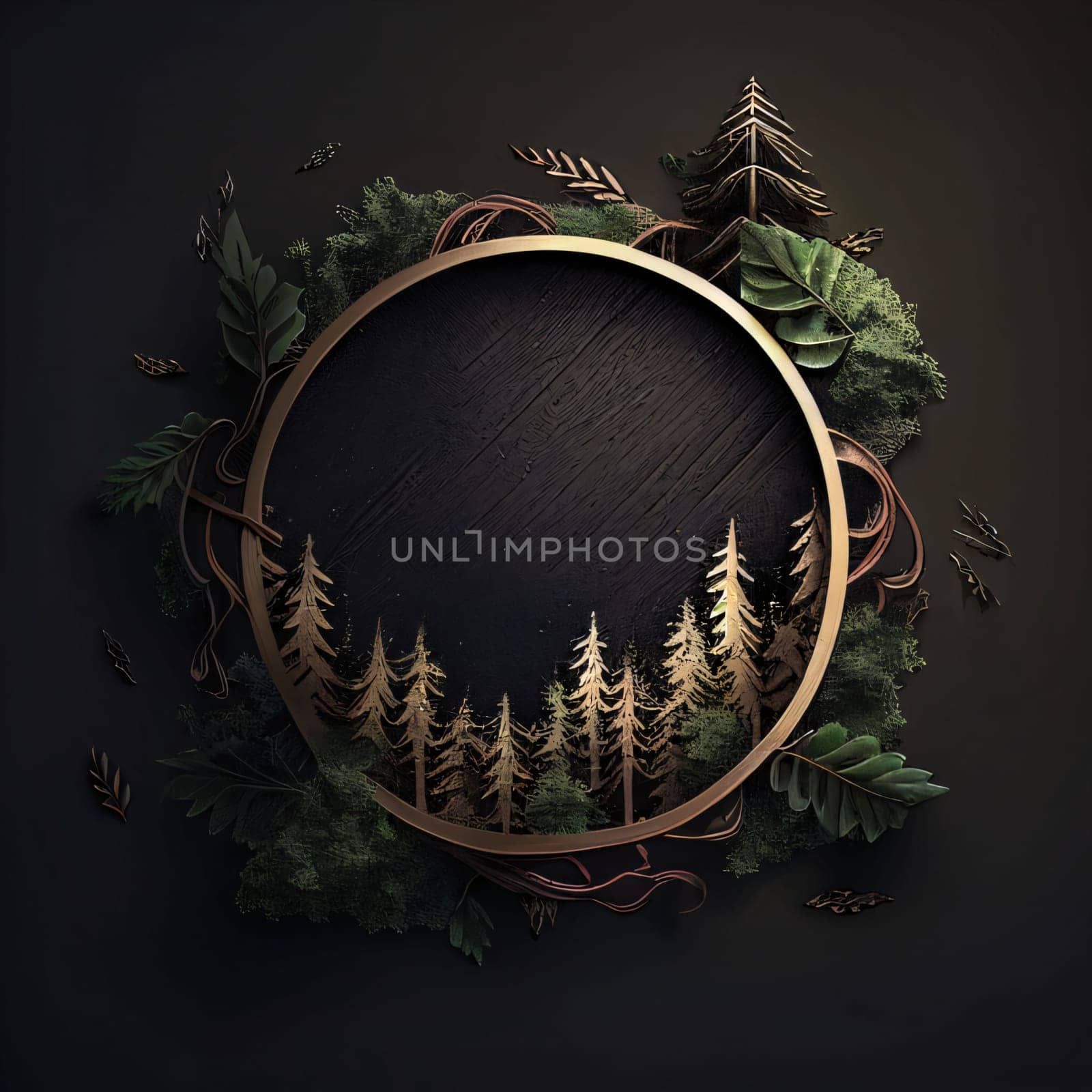 Round blank frame by decorated with leaves and tree figures. Dark background space for your own content. Graphic with space for your own content.