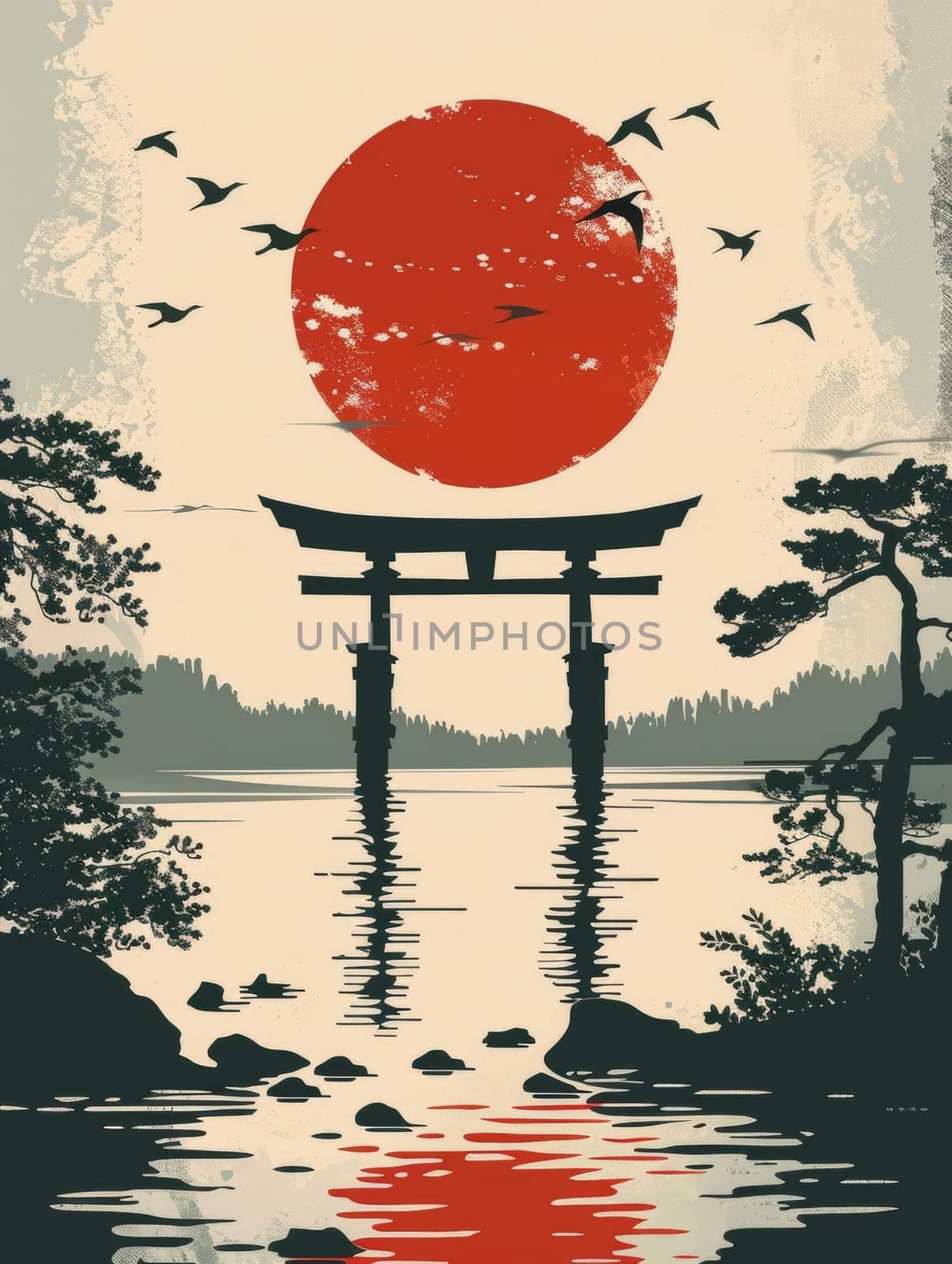 A serene scene with a traditional Torii gate overlooking a calm lake, set against a large red sun and a flight of birds at dusk