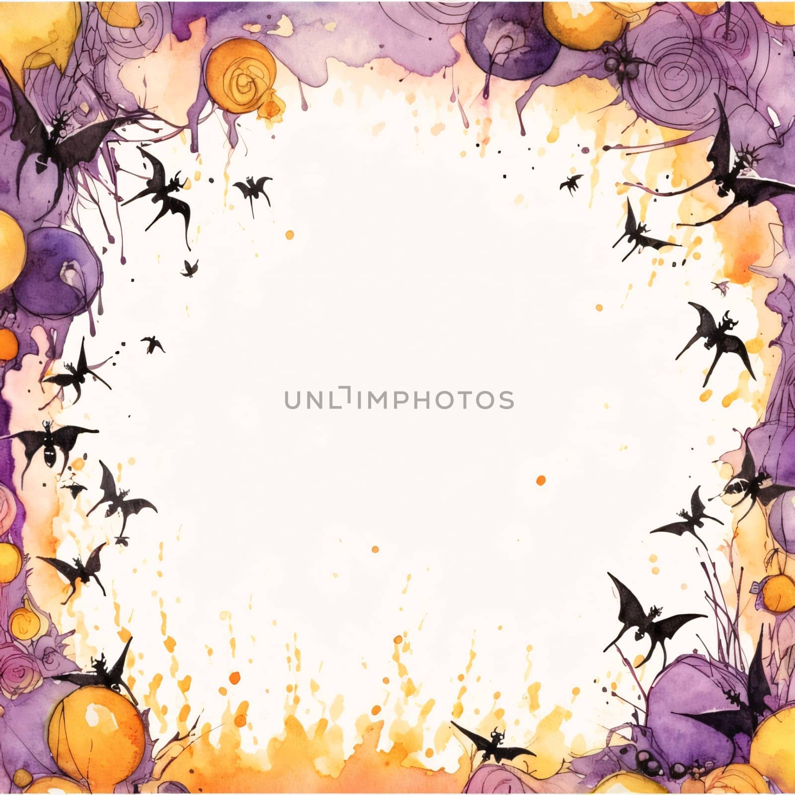 White blank card decorated with bats painted with yellow purple balls. Graphic with space for your own content.