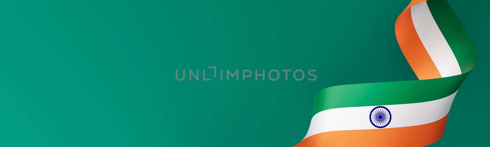 Flowing ribbon in the colors of the Indian flag, on green background. Indian Independence Day. Empty, copy space for text, advertising. Panoramic banner. 3D render