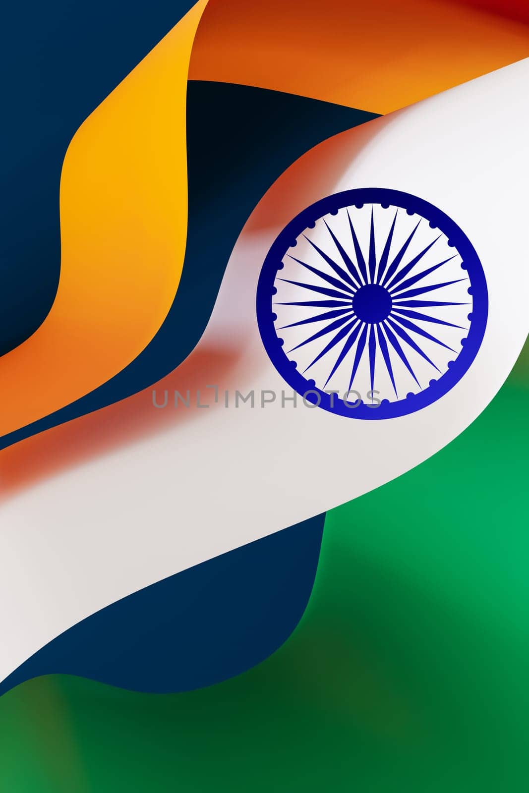 Vibrant, abstract representation of the Indian flag with flowing curves. Indian Independence Day, concept of patriotism and national pride. Vertical format. 3D render. by creativebird