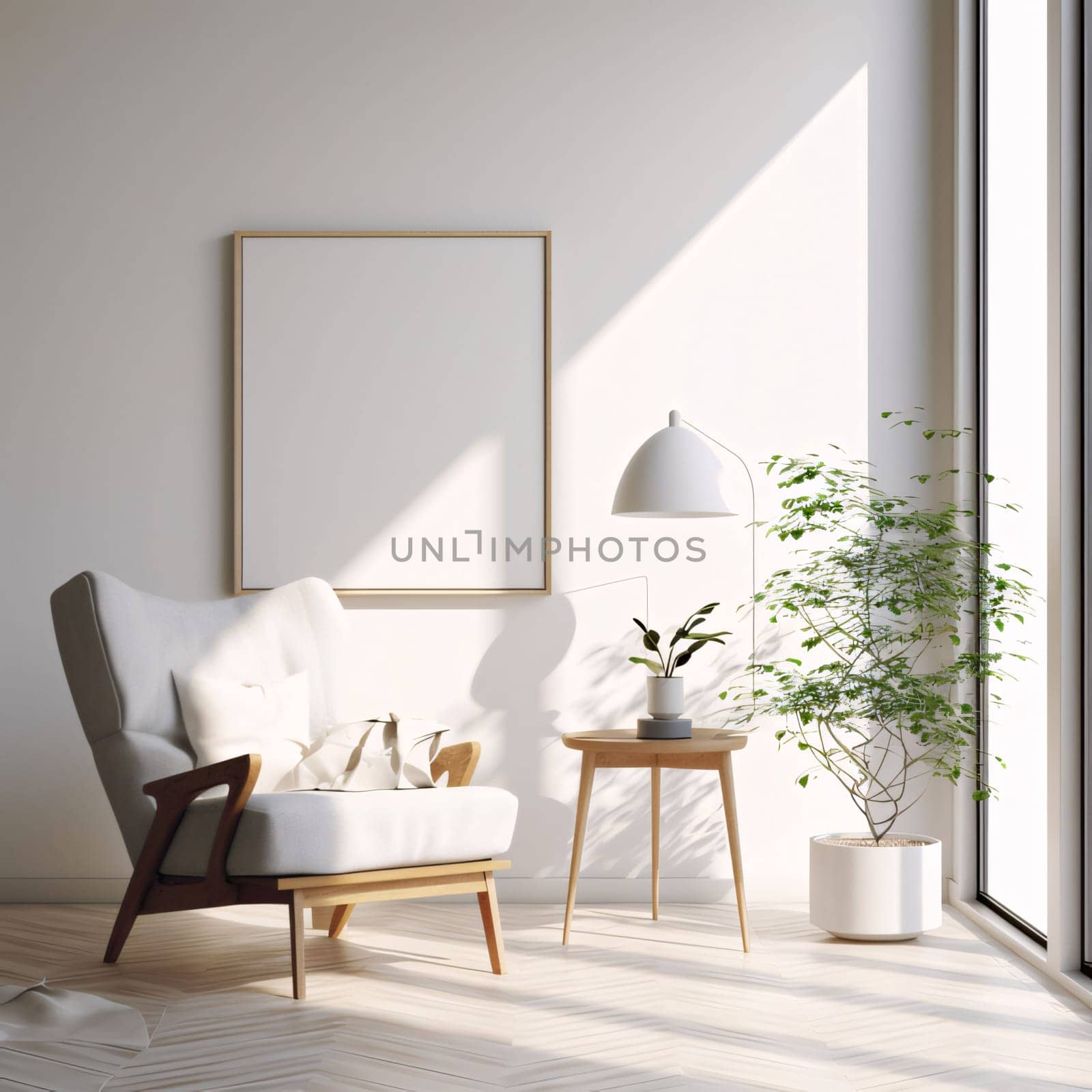 A room with an armchair, a table, flowers, a lamp and a blank white picture on the wall of space for your own worship. Graphic with space for your own content.