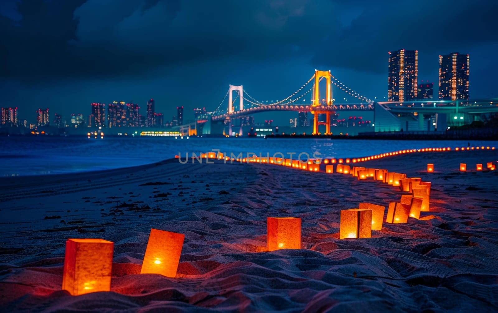 A serene beach setting at dusk, illuminated by a string of candles leading towards a brightly lit suspension bridge and city skyline. Japanese Marine Day Umi no Hi also known as Ocean Day or Sea Day.