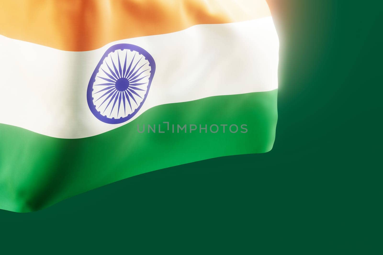 Indian national flag with flowing saffron, white, and green colors. Indian Independence Day, concept of patriotism and national pride. Empty, copy space for text, advertising. 3D render. by creativebird