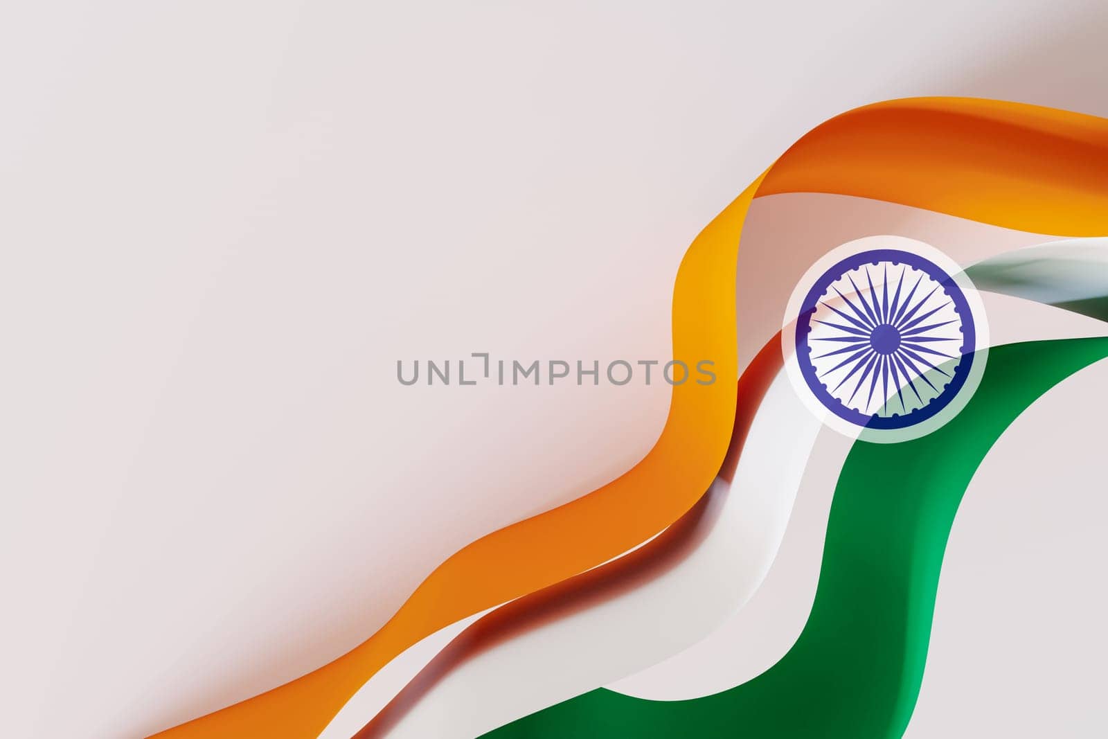Vibrant, abstract representation of the Indian flag with flowing curves. Indian Independence Day, concept of patriotism and national pride. Empty, copy space for text, advertising. 3D render