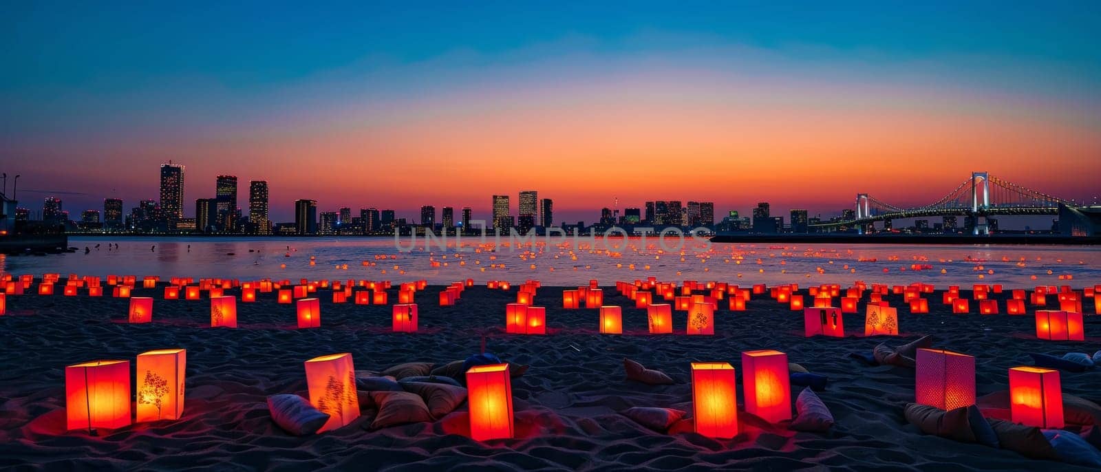 Warm hues of sunset sky blend with the cityscape and illuminated paper lanterns on the beach, commemorating Marine Day with a picturesque seascape. Japanese Umi no Hi known as Ocean Day or Sea Day.