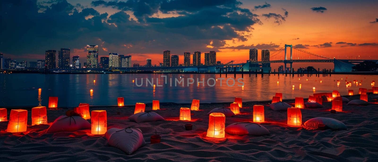 Red paper lanterns cast a soft glow on a beach at twilight, with a cityscape and lit bridge providing an urban contrast on Japans Marine Day. Japanese Umi no Hi also known as Ocean Day or Sea Day by sfinks