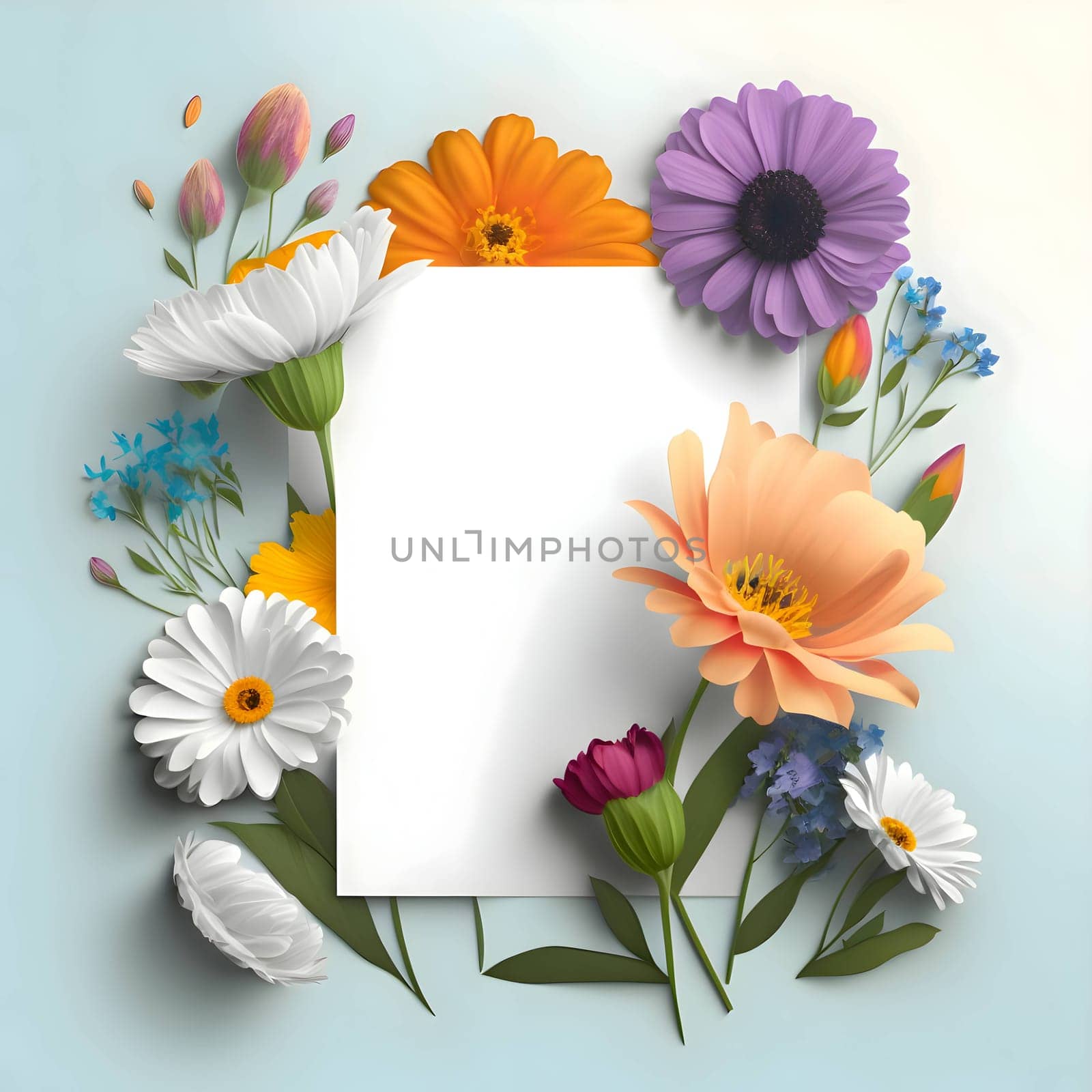 White card, a blank sheet adorned with a beautiful arrangement of colorful multifloral flowers.