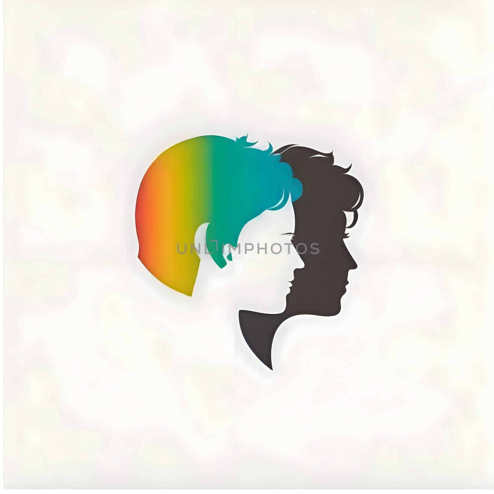 Logo concept - two colorful heads facing each other on a white background, symbolizing diversity and unity.