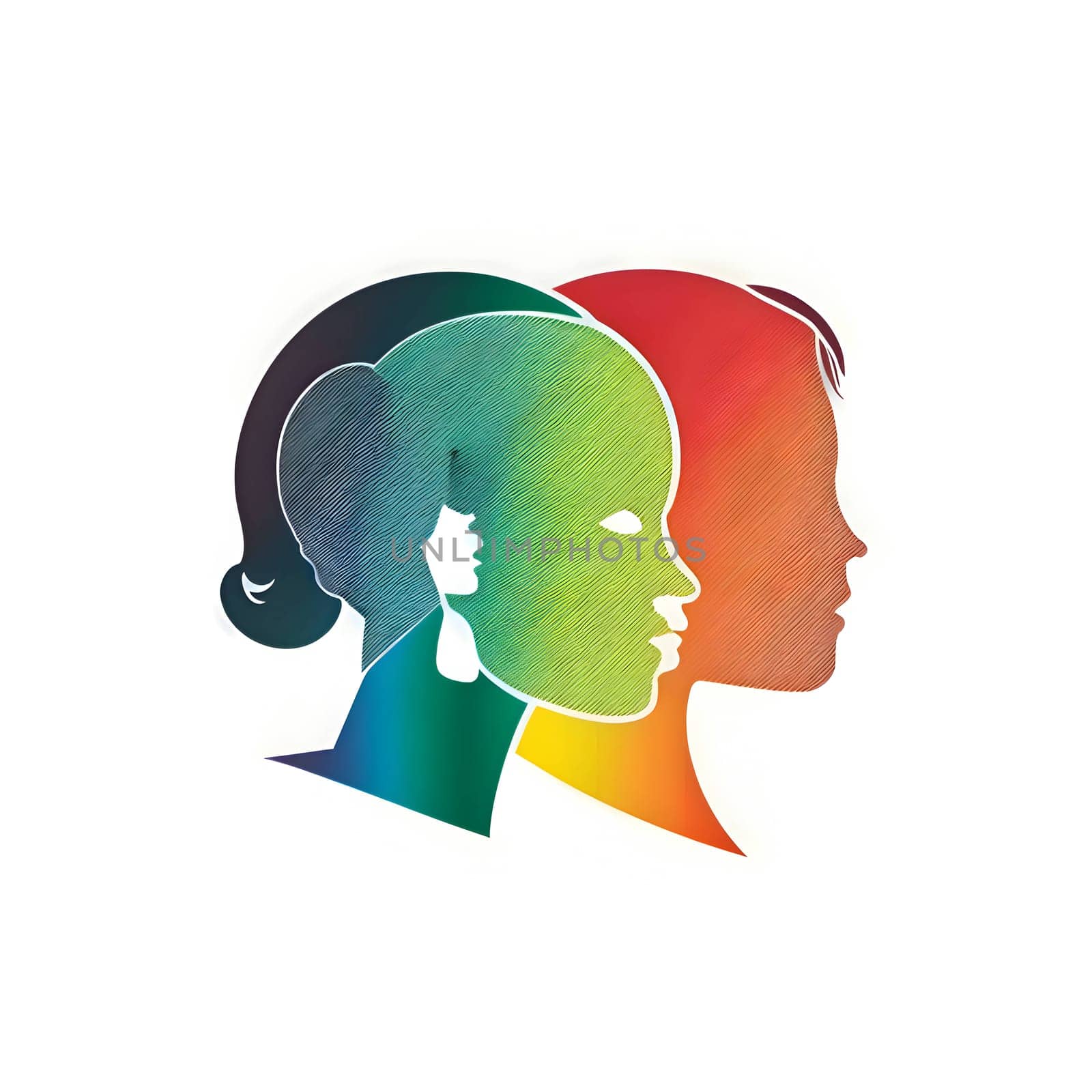 Logo concept - two colorful heads facing each other on a white background, symbolizing diversity and unity.