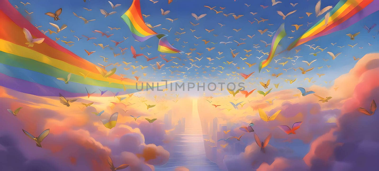 The sky is adorned with the vibrant LGBT rainbow colors, while peaceful pigeons soar in the background, representing freedom and diversity.