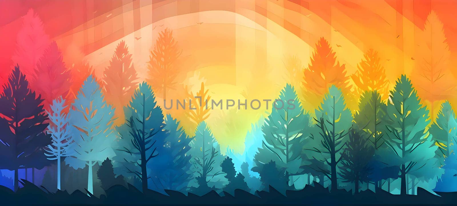 The forest comes alive in a burst of colors as the sun rises, painting the sky with hues of orange, pink, and gold, casting a vibrant glow over the lush green trees.