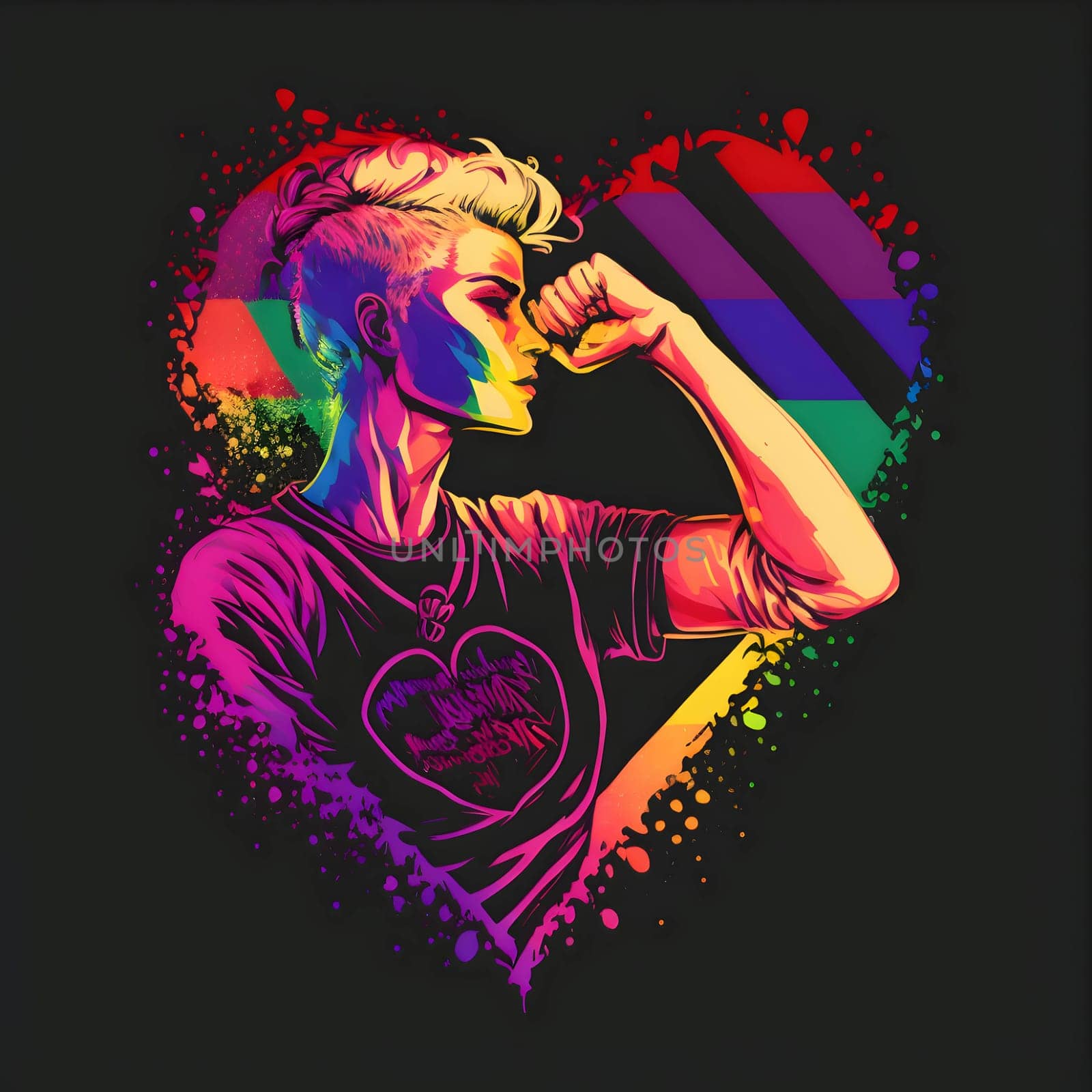 An illustration of a colorful heart in the vibrant colors of the LGBT pride flag, gently held in a hand, against a black background.