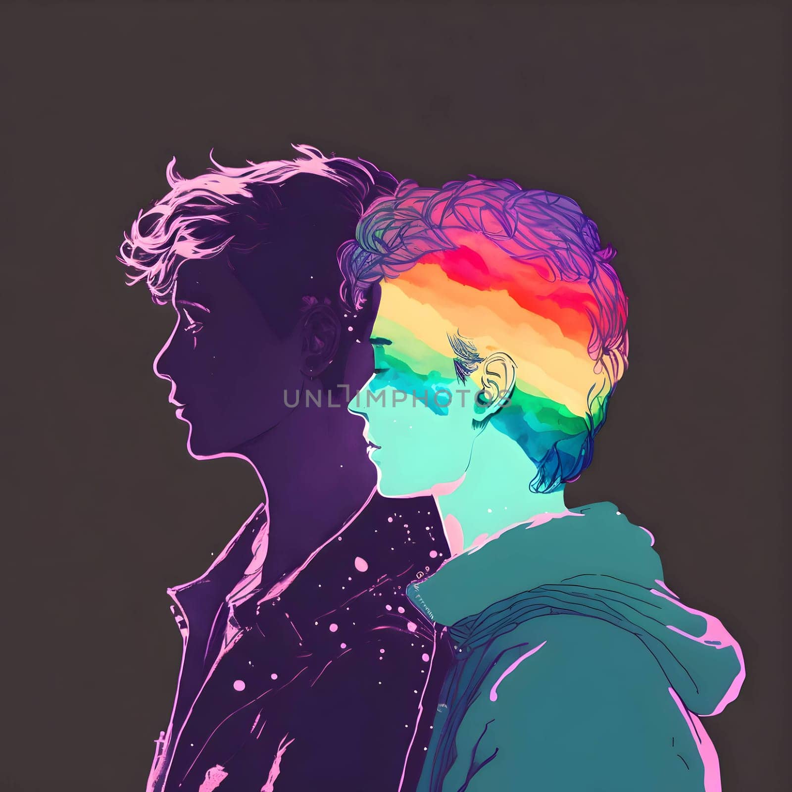 Silhouettes of two individuals in the vibrant LGBT rainbow colors against a serene gray background, celebrating inclusivity and diversity.